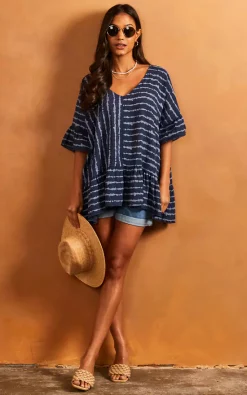 Best Pirce 👏 Bella And Blue Striped Frill Hem Top In Navy And White 🔔