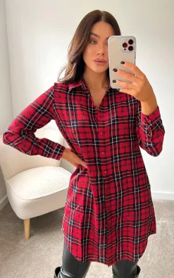 Buy ⭐ IKRUSH Yasmin Longline Checked 👚 Shirt In Red 🤩