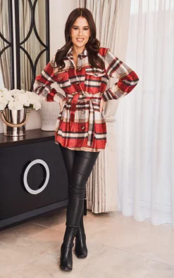 Brand new 🌟 SlayTwins Lenis Check Belted Shacket In Red ⌛