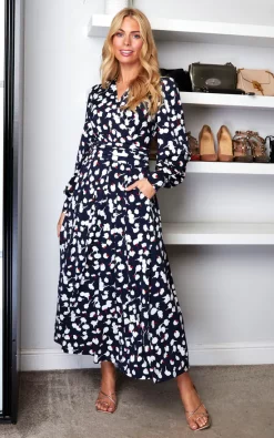 Cheap 👍 Jolie Moi Nancy Long Sleeve Maxi 👗 Dress, Navy White Floral 🎉