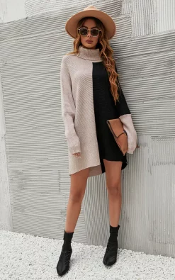 Cheapest ✔️ FS Collection High Neck Half Forest Beige & Black Block Colour Jumper Top ✔️