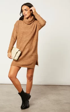 Best reviews of 🔔 VILA Long Sleeve Roll Neck Knitted 👗 Dress In Light Brown 😉