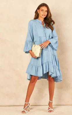 Discount 🤩 Bella And Blue Tiered Denim Mini 👗 Dress In Light Blue ✔️