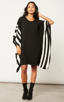 Promo 🔥 HOXTON GAL Wide Sleeves Oversized 👗 Dress With White Stripe Detailes In Black 😀