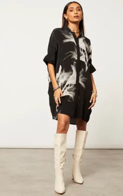 Coupon 😀 Religion Oversized Tunic 👗 Dress In Monochrome Florist Placement Print On Slinky Cupro ⭐