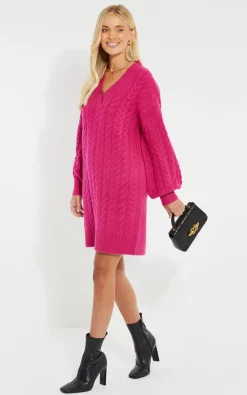 Flash Sale 🥰 Threadbare Pink V Neck Chunky Cable Knit Jumper 👗 Dress 😉