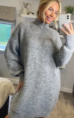 Cheap 😉 CY Boutique Super Soft Fine Knit Plain Color Funnel Neck Long Jumper 👗 Dress In Grey 🧨