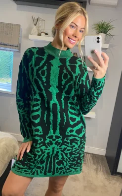 Best deal 👏 CY Boutique Fine Knit Leopard Print Pattern Design Jumper 👗 Dress In Green 🥰