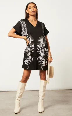 Cheap 💯 Religion Jersey Tunic 👗 Dress With Large Florist Placement Print In Monochrome And Side Pockets 👍