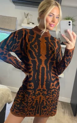 Cheap 🥰 CY Boutique Fine Knit Leopard Print Pattern Design Jumper 👗 Dress In Coffee Brown 💯