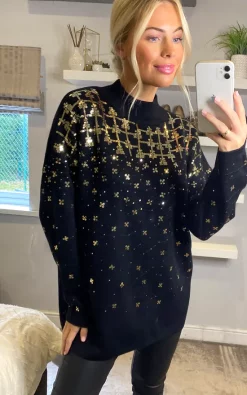 Coupon 🥰 CY Boutique Sequin Embellished Front And Sleeves Design Jumper 👗 Dress In Black ⌛