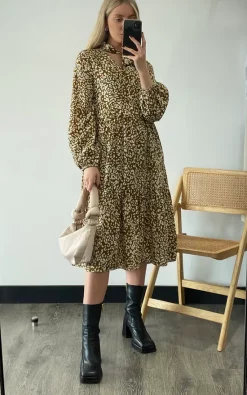 Buy 🛒 Lola May Khaki Leopard Tiered Midaxi 👗 Dress 🤩