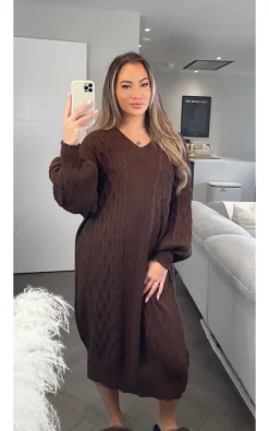 Deals 🎉 De La Creme Fashions V Neck Maxi Knitted Jumper 👗 Dress In Brown 🔔