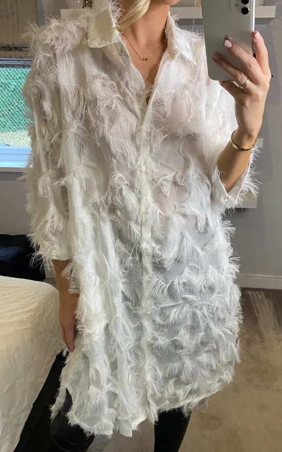 Brand new โจ CY Boutique Oversized White ๐ Shirt ๐ Dress With Feather Tassel Look Embroidery ๐