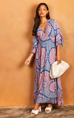 Hot Sale ✨ Bella And Blue Patterned Ruffle Sleeve Maxi 👗 Dress In Blue 🧨