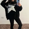Discount 😉 Pinstripe Star Sequin Oversized Fleece Jumper In Black 🔔