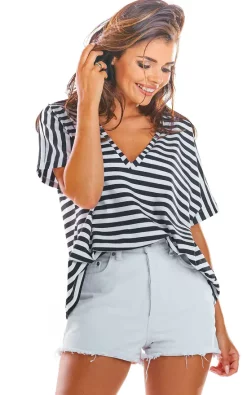 Promo ๐ฅฐ AWAMA Oversized V Neck T ๐ Shirt In Black Stripe ๐คฉ