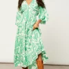Coupon 👍 HOXTON GAL Oversized V Neck Detailed Floral Print Midi 👗 Dress In Green And White 😍