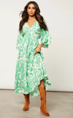 Coupon 👍 HOXTON GAL Oversized V Neck Detailed Floral Print Midi 👗 Dress In Green And White 😍