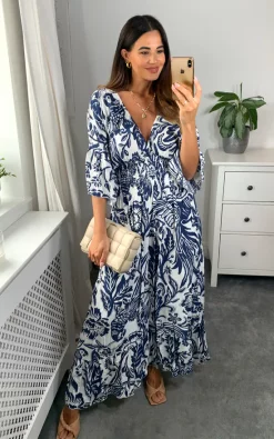 Wholesale 😍 HOXTON GAL Oversized V Neck Detailed Floral Print Maxi 👗 Dress In Navy And White 🌟