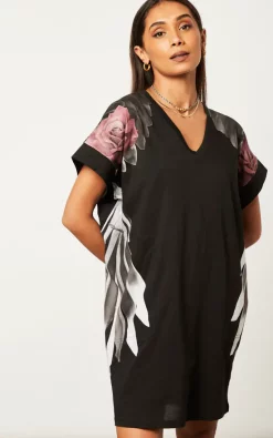 Buy ❤️ Religion Jersey Tunic 👗 Dress In Large Wing Placement Print In White And Pink With Side Pockets ❤️
