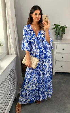 Wholesale 👍 HOXTON GAL Oversized V Neck Detailed Floral Print Maxi 👗 Dress In Blue And White 🥰