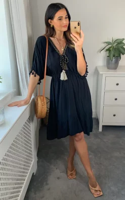 Cheapest 💯 HOXTON GAL Oversized Gold Tassel Detailed V Neck 👗 Dress In Black 🎁