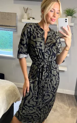 New 👍 APRICOT Khaki Print Drawstring Midi 👕 Shirt 👗 Dress 😀