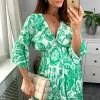 Buy 🛒 HOXTON GAL Oversized V Neck Detailed Floral Print Mini 👗 Dress In Green And White ✔️