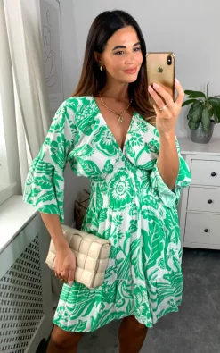 Buy 🛒 HOXTON GAL Oversized V Neck Detailed Floral Print Mini 👗 Dress In Green And White ✔️