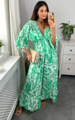 Outlet ✔️ HOXTON GAL Oversized V Neck Detailed Floral Print Maxi 👗 Dress In Green And White ✨