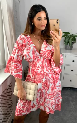 Outlet ⭐ HOXTON GAL Oversized V Neck Detailed Floral Print Mini 👗 Dress In Red And White ⭐