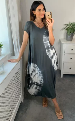 Best Sale 🎉 HOXTON GAL Oversized Cap Sleeves Maxi 👗 Dress With White Print Details In Grey 🔥