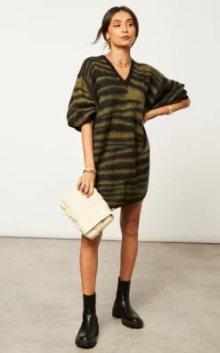 Budget 🤩 Religion Oversized Fluffy Knitted Tunic 👗 Dress In Khaki And Black Large Animal Stripe 😍