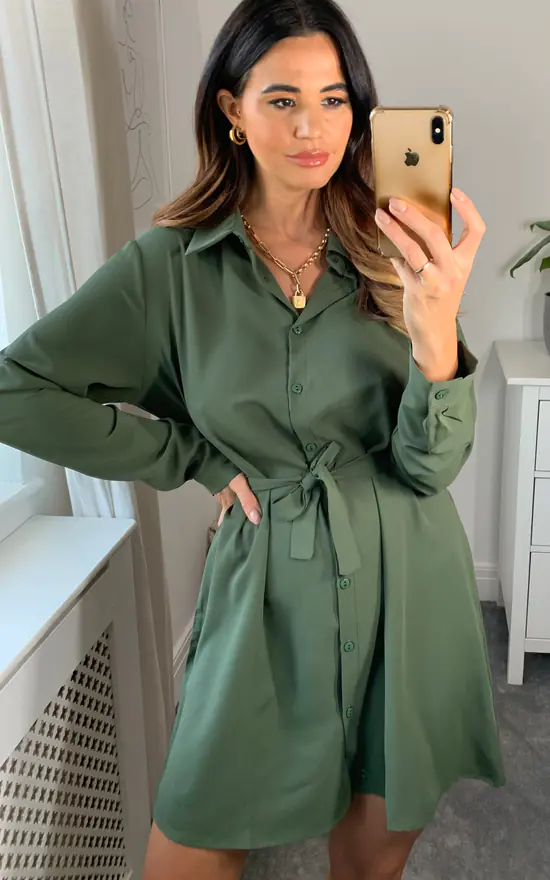 Best deal ๐คฉ HOXTON GAL Oversized Belt Detailed Tunic ๐ Shirt ๐ Dress With Long Sleeves In Khaki ๐