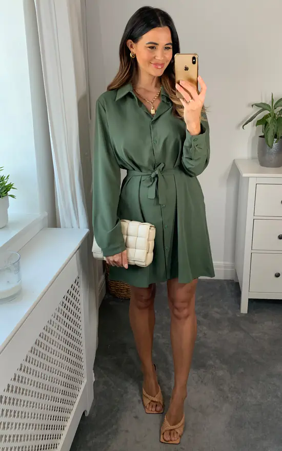 Best deal ๐คฉ HOXTON GAL Oversized Belt Detailed Tunic ๐ Shirt ๐ Dress With Long Sleeves In Khaki ๐ - Image 2