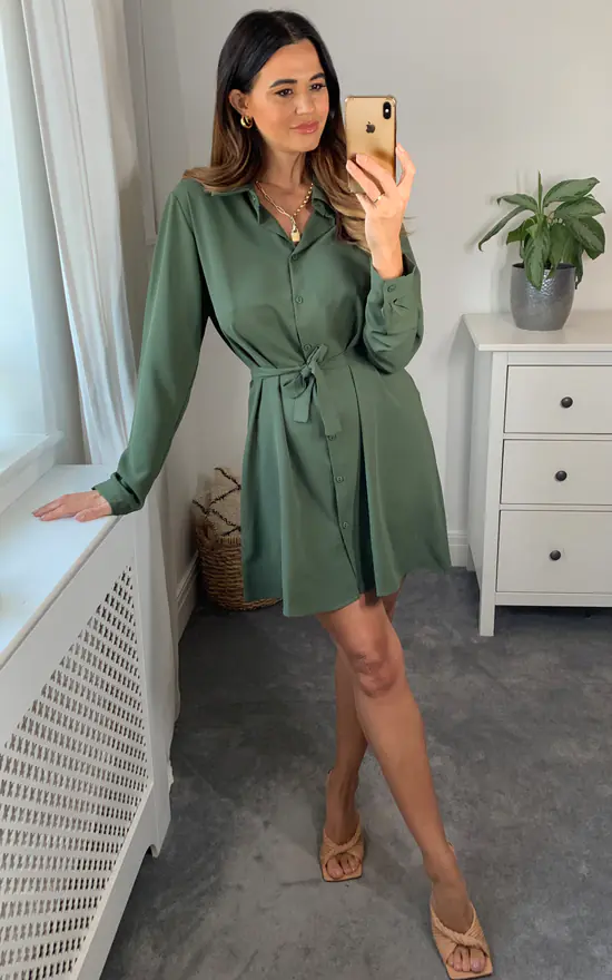Best deal ๐คฉ HOXTON GAL Oversized Belt Detailed Tunic ๐ Shirt ๐ Dress With Long Sleeves In Khaki ๐ - Image 3