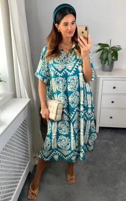 Best reviews of ๐ HOXTON GAL Oversized Printed ๐ Shirt Midi ๐ Dress With Short Sleeves In Turquois โจ
