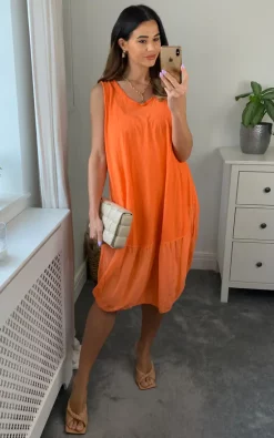 Best deal ❤️ Belle Love Italy Silk Like Hem Cotton Midi 👗 Dress Orange 🎁