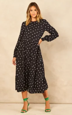 Deals 🎉 Bella And Blue Black And White Heart Print Long Sleeve Smock 👗 Dress 😍
