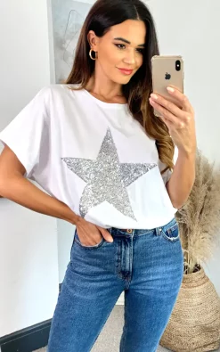 Buy ❤️ HOXTON GAL Sequin Star T 👚 Shirt Relaxed Fit In White 👍