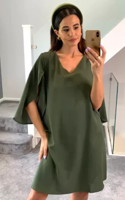 Promo 👍 HOXTON GAL Oversized V Neck Tunic With Split Sleeves In Khaki ⌛