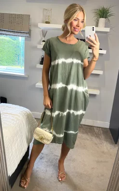 Wholesale 😀 Belle Love Italy 2 Pocket Cap Sleeve Midi Tie Dye Casual 👗 Dress Khaki 👏