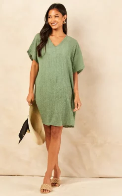 Cheap 👏 Øst London Tunica Oversized Beach Mini 👗 Dress Khaki Green ❤️