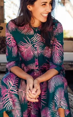 Deals 😉 SUGARHILL BRIGHTON Lauren Batik Smock 👗 Dress Green/ Pink Palm Fronds 👏