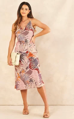 Hot Sale ✨ Love Lincoln Cowl Neck ☀️ Summer Slip Midi 👗 Dress In Pink Leaf Patchwork Print 🔥