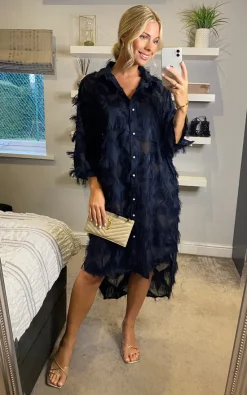 Outlet 🧨 CY Boutique Oversized Navy Blue 👚 Shirt 👗 Dress With Feather Tassel Look Embroidery 🔔