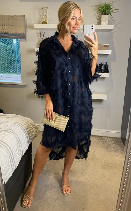 Outlet ๐งจ CY Boutique Oversized Navy Blue ๐ Shirt ๐ Dress With Feather Tassel Look Embroidery ๐ - Image 2