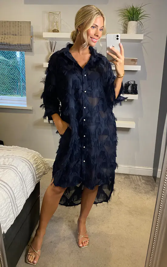 Outlet ๐งจ CY Boutique Oversized Navy Blue ๐ Shirt ๐ Dress With Feather Tassel Look Embroidery ๐ - Image 3
