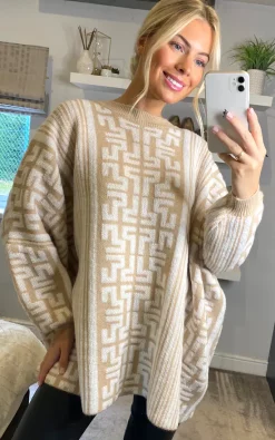 Best Sale ✔️ CY Boutique Fine Knit Oversized Jumper With Monogrammed Pattern Design In Beige And White 😀